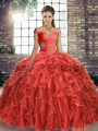 Brush Train Ball Gowns Ball Gown Prom Dress Coral Red Off The Shoulder Organza Sleeveless Lace Up