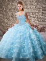 Straps Sleeveless Quince Ball Gowns Court Train Beading and Ruffled Layers Blue Organza