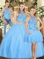 Elegant Sleeveless Tulle Floor Length Lace Up Quinceanera Gowns in Baby Blue with Embroidery