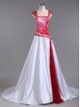 Deluxe Satin Strapless Cap Sleeves Court Train Lace Up Lace and Appliques Evening Dress in White And Red
