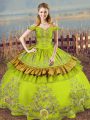 Olive Green Satin Lace Up Vestidos de Quinceanera Sleeveless Floor Length Embroidery
