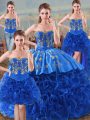 Unique Ball Gowns Quinceanera Gowns Royal Blue Sweetheart Fabric With Rolling Flowers Sleeveless Floor Length Lace Up