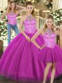 Beautiful Fuchsia Three Pieces Tulle Halter Top Sleeveless Beading Floor Length Lace Up 15th Birthday Dress