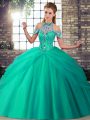 Turquoise Sleeveless Tulle Brush Train Lace Up Vestidos de Quinceanera for Military Ball and Sweet 16 and Quinceanera