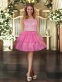 Sleeveless Tulle Mini Length Zipper Hoco Dress in Rose Pink with Lace and Ruffled Layers