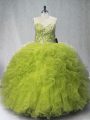 Clearance Olive Green Sleeveless Beading and Ruffles Floor Length 15th Birthday Dress