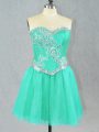 Pretty Turquoise Tulle Lace Up Sweetheart Sleeveless Mini Length Prom Party Dress Beading