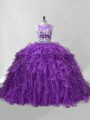 Unique Sleeveless Organza Brush Train Zipper Vestidos de Quinceanera in Purple with Beading and Ruffles