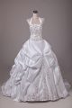 Hot Selling White Taffeta Lace Up Halter Top Sleeveless Wedding Gown Brush Train Beading and Embroidery and Pick Ups
