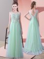 Apple Green Empire Scoop Sleeveless Tulle Brush Train Zipper Beading and Lace Dama Dress for Quinceanera