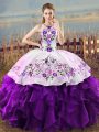 White And Purple 15 Quinceanera Dress Sweet 16 and Quinceanera with Embroidery and Ruffles Halter Top Sleeveless Lace Up