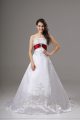 Unique Satin Strapless Sleeveless Brush Train Lace Up Beading and Embroidery Bridal Gown in White