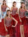 Super Wine Red Sleeveless Brush Train Beading and Pick Ups Quince Ball Gowns