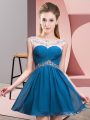Fashionable Blue Chiffon Backless Prom Evening Gown Sleeveless Mini Length Beading