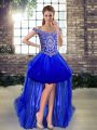 Beautiful High Low Lace Up Celebrity Inspired Dress Royal Blue for Prom and Party with Beading