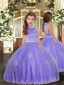 Lavender Tulle Backless Girls Pageant Dresses Sleeveless Floor Length Appliques