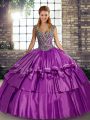 Traditional Floor Length Purple Quinceanera Gowns Straps Sleeveless Lace Up