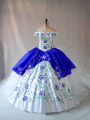 Blue And White Sleeveless Embroidery and Ruffles Floor Length Quince Ball Gowns