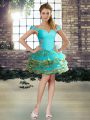 Aqua Blue Sleeveless Beading and Ruffled Layers Mini Length Evening Dress