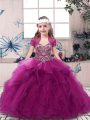 Custom Designed Fuchsia Ball Gowns Tulle Straps Sleeveless Beading and Ruffles Floor Length Lace Up Little Girl Pageant Dress
