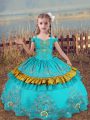 Cute Satin Off The Shoulder Sleeveless Lace Up Beading and Embroidery Child Pageant Dress in Aqua Blue