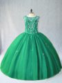 Green Ball Gowns Tulle Scoop Sleeveless Beading Floor Length Lace Up Ball Gown Prom Dress