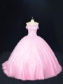 Smart Ball Gowns Sleeveless Baby Pink Sweet 16 Dress Court Train Lace Up