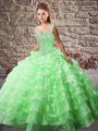 Lace Up Sweet 16 Dress Green for Sweet 16 and Quinceanera with Beading and Ruffled Layers Court Train