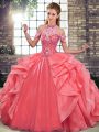 Stunning Watermelon Red Sleeveless Floor Length Beading and Ruffles Lace Up Vestidos de Quinceanera