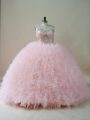 Fashion Sweetheart Sleeveless Ball Gown Prom Dress Brush Train Beading and Ruffles Baby Pink Tulle