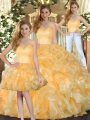 Fancy Floor Length Three Pieces Sleeveless Gold Quinceanera Dresses Lace Up