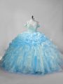 Decent Straps Sleeveless Brush Train Lace Up Quinceanera Gown Baby Blue Organza