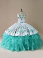Organza Sleeveless Floor Length 15th Birthday Dress and Embroidery and Ruffles