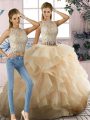 Champagne Zipper Quinceanera Gown Beading and Ruffles Sleeveless Floor Length
