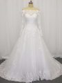 White A-line Beading and Lace Wedding Dress Clasp Handle Tulle Long Sleeves