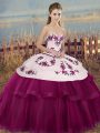 Sleeveless Floor Length Embroidery and Bowknot Lace Up 15th Birthday Dress with Fuchsia