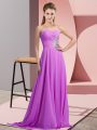 Fitting Sleeveless Floor Length Beading and Ruching Lace Up Prom Dresses with Lilac