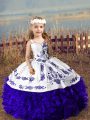 Sleeveless Floor Length Embroidery and Ruffles Lace Up Little Girls Pageant Dress with Purple