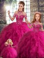 Exquisite Fuchsia Quinceanera Gowns Military Ball and Sweet 16 and Quinceanera with Beading and Ruffles Halter Top Sleeveless Lace Up
