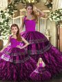 Fuchsia Ball Gowns Organza Halter Top Sleeveless Embroidery and Ruffles Floor Length Lace Up Sweet 16 Quinceanera Dress