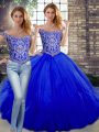 Exceptional Off The Shoulder Sleeveless Lace Up Quinceanera Gowns Royal Blue Tulle