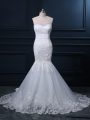 Affordable White Mermaid Tulle Sweetheart Sleeveless Lace Zipper Bridal Gown Brush Train