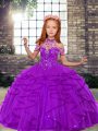 Top Selling Purple High-neck Lace Up Beading and Ruffles Child Pageant Dress Sleeveless