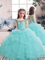 Nice Aqua Blue Child Pageant Dress Party and Wedding Party with Beading Scoop Sleeveless Lace Up