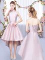 Nice Sleeveless Satin High Low Lace Up Vestidos de Damas in Baby Pink with Ruching
