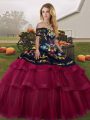 Edgy Brush Train Ball Gowns 15 Quinceanera Dress Fuchsia Off The Shoulder Tulle Sleeveless Lace Up