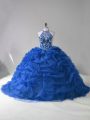 Nice Ball Gowns Sleeveless Blue Quinceanera Dress Court Train Lace Up
