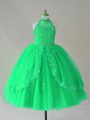 Latest Turquoise Ball Gowns Tulle High-neck Sleeveless Beading and Appliques Floor Length Lace Up Little Girls Pageant Gowns