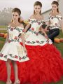 White And Red Ball Gown Prom Dress Military Ball and Sweet 16 and Quinceanera with Embroidery and Ruffles Off The Shoulder Sleeveless Lace Up