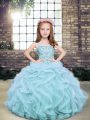 New Arrival Tulle Straps Sleeveless Lace Up Beading and Ruffles Little Girl Pageant Dress in Light Blue